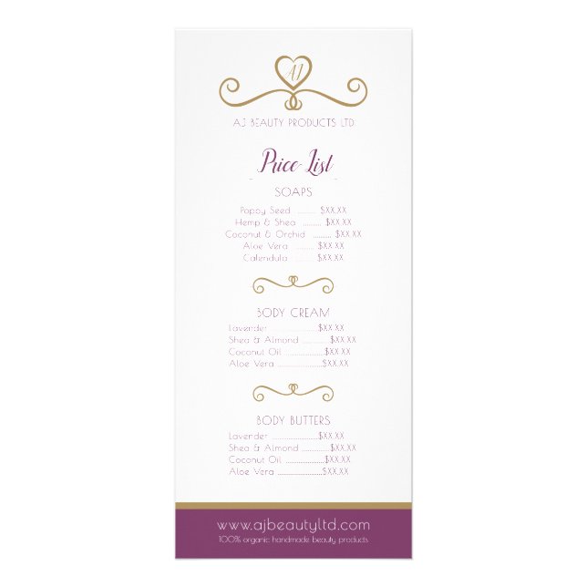 Beauty product price list and ordering leaflet rack card (Front)