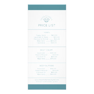 Beauty product price list teal white lotus logo rack card