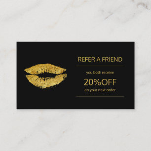 Beauty products distributor gold lips referral card