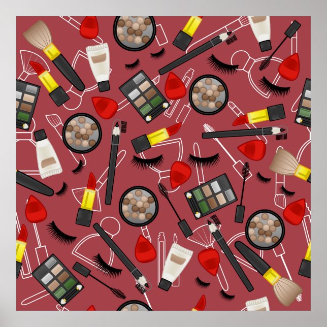 Beauty products pattern on a red backgroundapplica poster (Front)