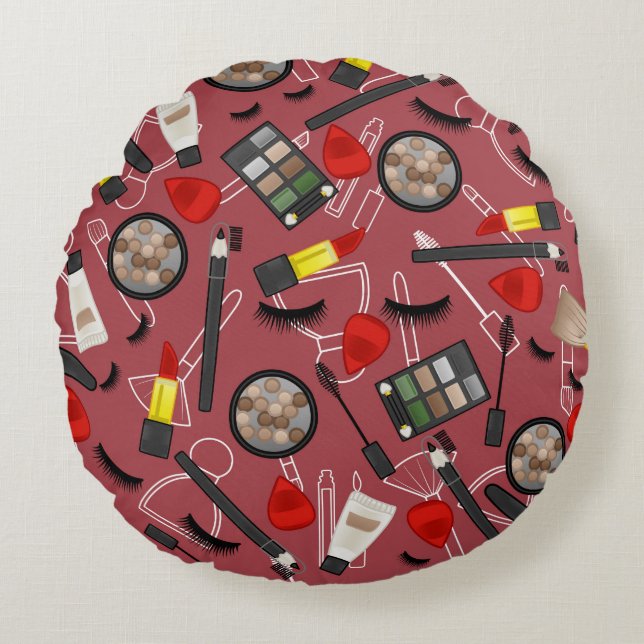 Beauty products pattern on a red backgroundapplica round cushion (Front)