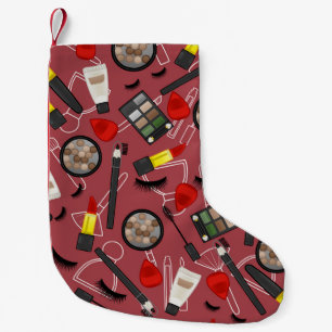 Beauty products pattern on a red backgroundapplica small christmas stocking
