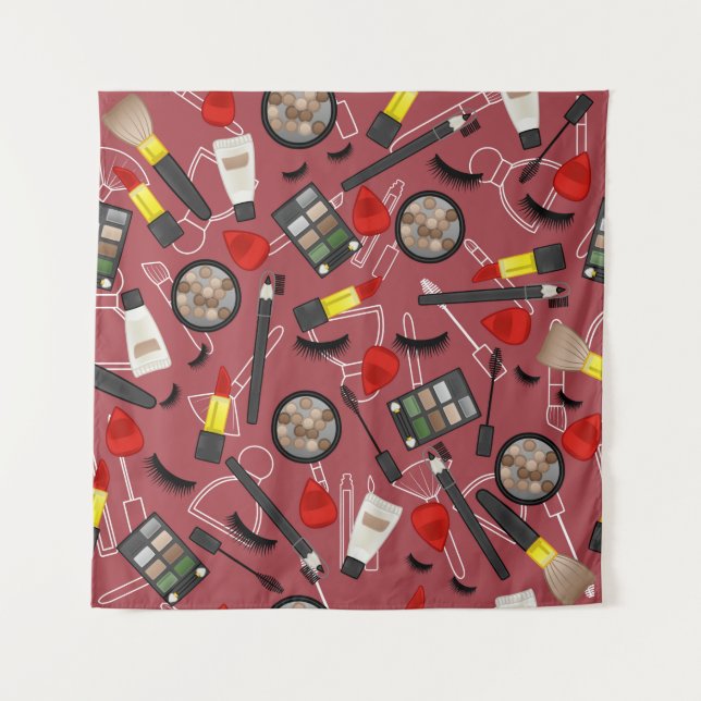 Beauty products pattern on a red backgroundapplica tapestry (Front)