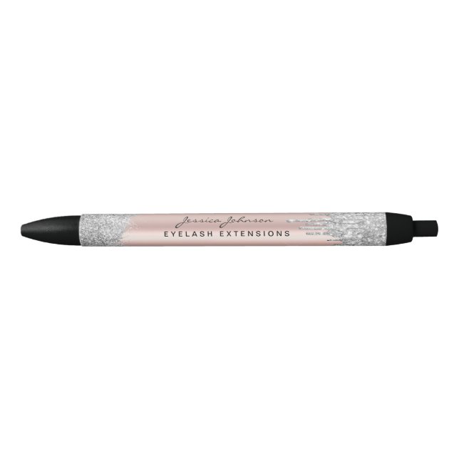 Beauty Rose Gold Silver Glitter Drips Custom Black Ink Pen (Front)
