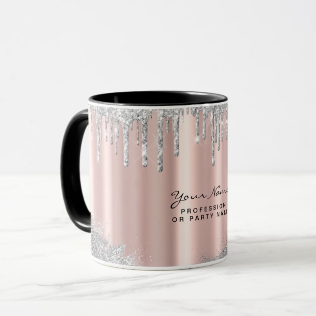 Beauty Rose Gold Silver Glitter Drips Custom Mug (Front Left)