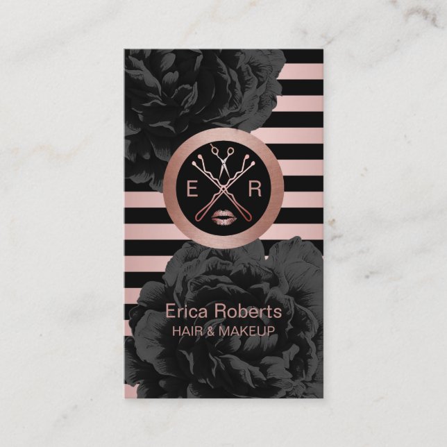 Beauty Salon Black Floral Modern Rose Gold Stripes Business Card (Front)