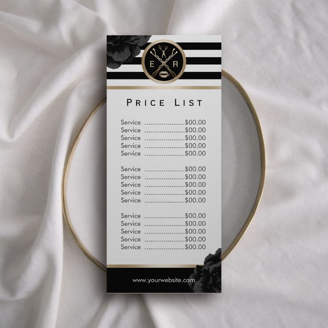 Beauty Salon Black Floral Modern Stripe Price List Rack Card (Creator Uploaded)