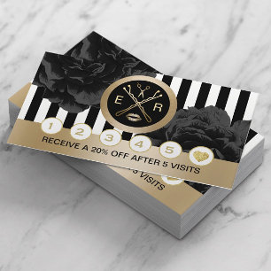Beauty Salon Black Floral Modern Stripes Loyalty Card