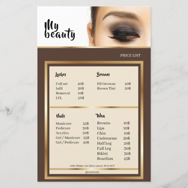 Beauty Salon Brown & Golden Frame Price List (Front)