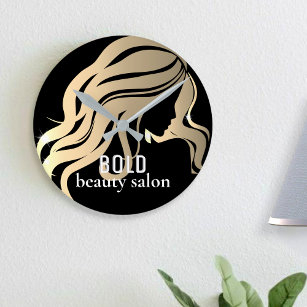 Beauty Salon Business Name Metallic Gold + Black Round Clock