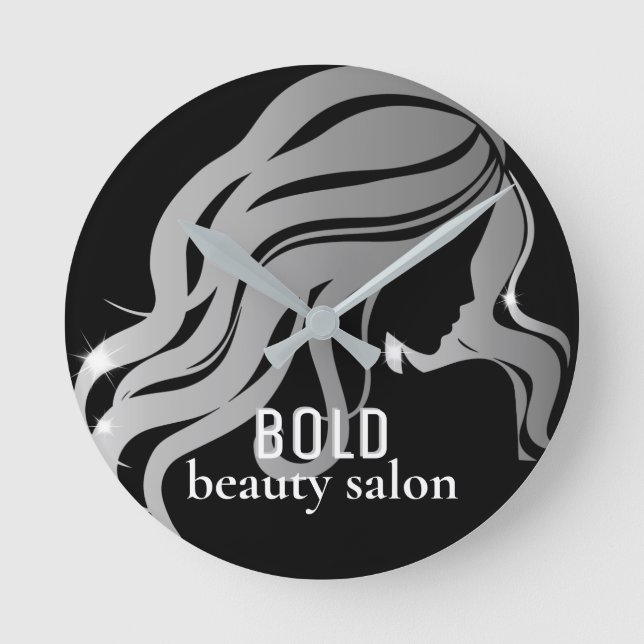 Beauty Salon Business Name Metallic Silver + Black Round Clock (Front)