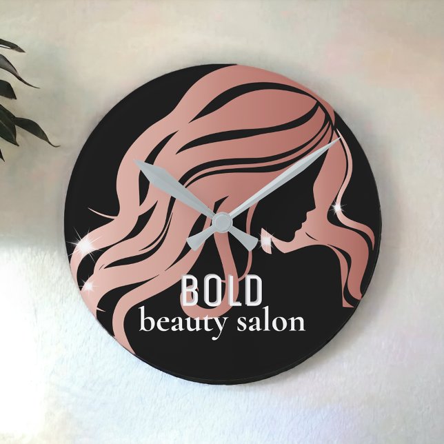 Beauty Salon Business Name Rose Gold Foil + Black Round Clock (Creator Uploaded)