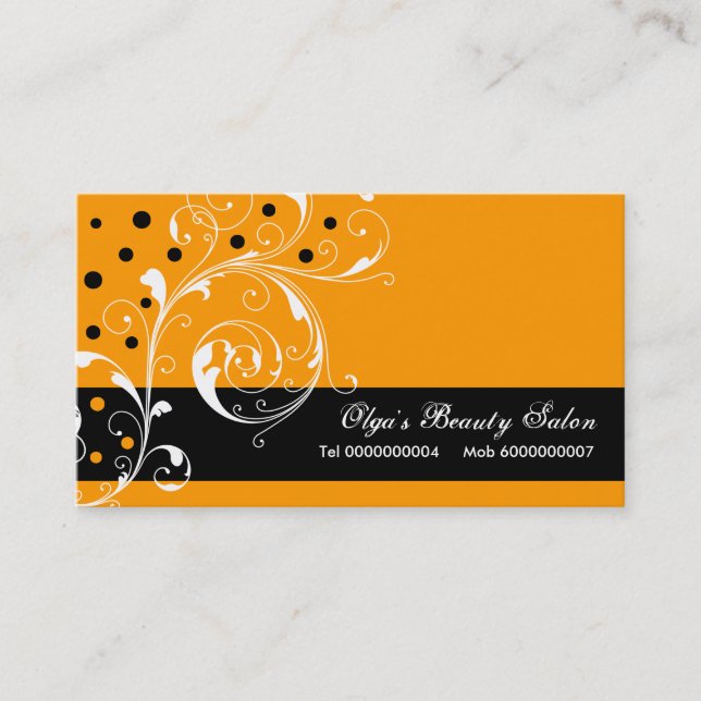 Beauty Salon floral scroll leaf black, orange Business Card (Front)