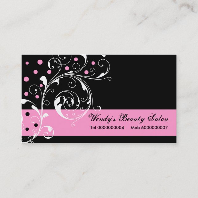 Beauty Salon floral scroll leaf black, pink Business Card (Front)