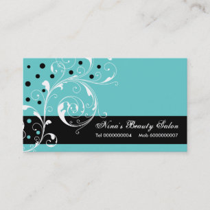 Beauty Salon floral scroll leaf black, turquoise Business Card