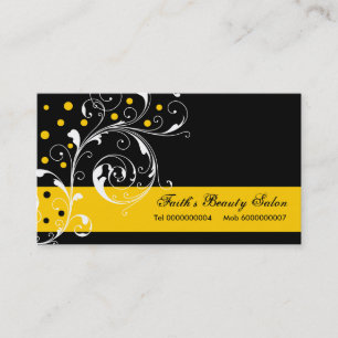 Beauty Salon floral scroll leaf black, yellow Business Card