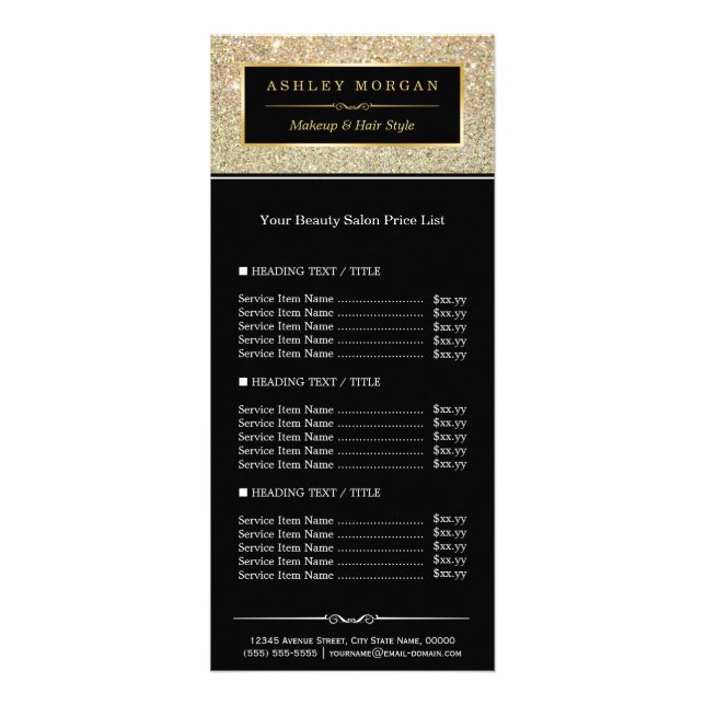 Beauty Salon Funky Gold Glitter Glamour Price List Rack Card (Front)