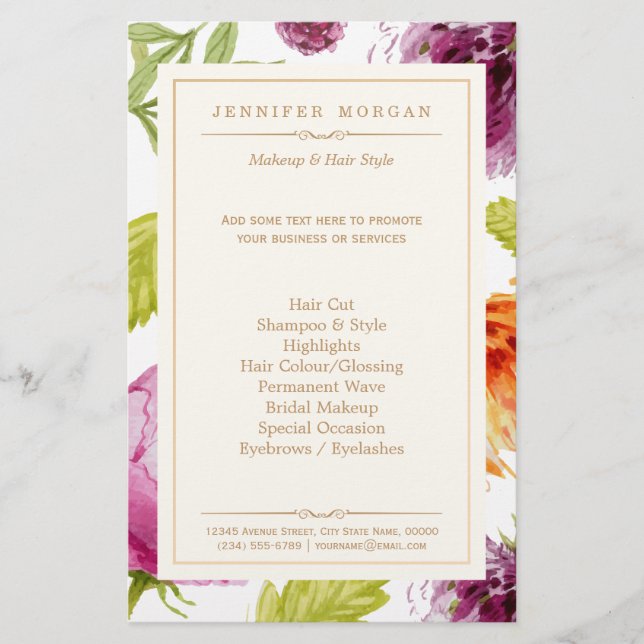 Beauty Salon Garden Floral Boutique Service Menu (Front)