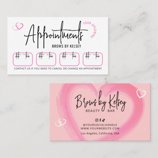 Beauty Salon Girly Pink Watercolor Heart Script Appointment Card (Front/Back)