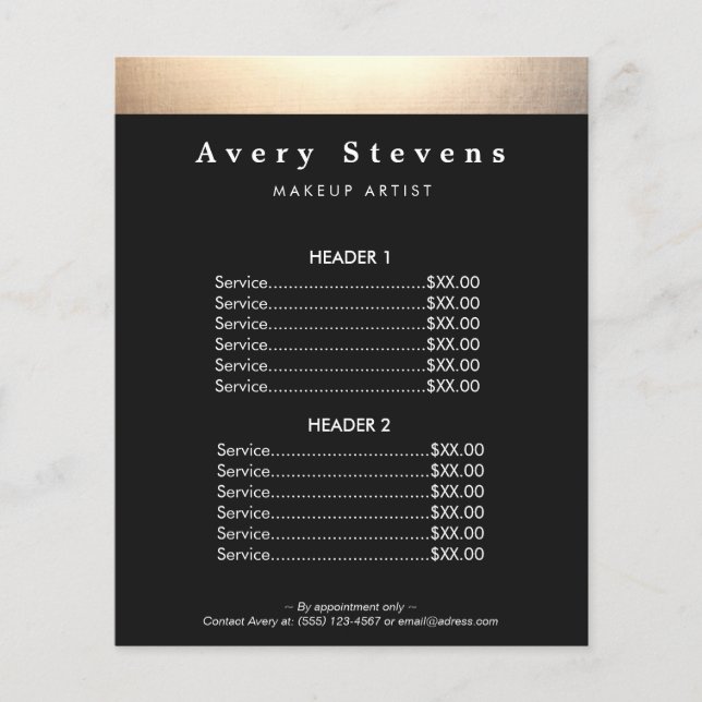 Beauty Salon Gold and Black Price List Menu (Front)