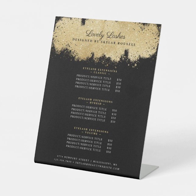 Beauty & Salon Gold & Black Luxury Service Prices Pedestal Sign (Front)