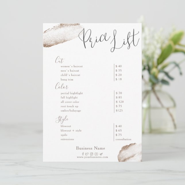 Beauty Salon Gold Blush Pink Price List Invitation (Standing Front)