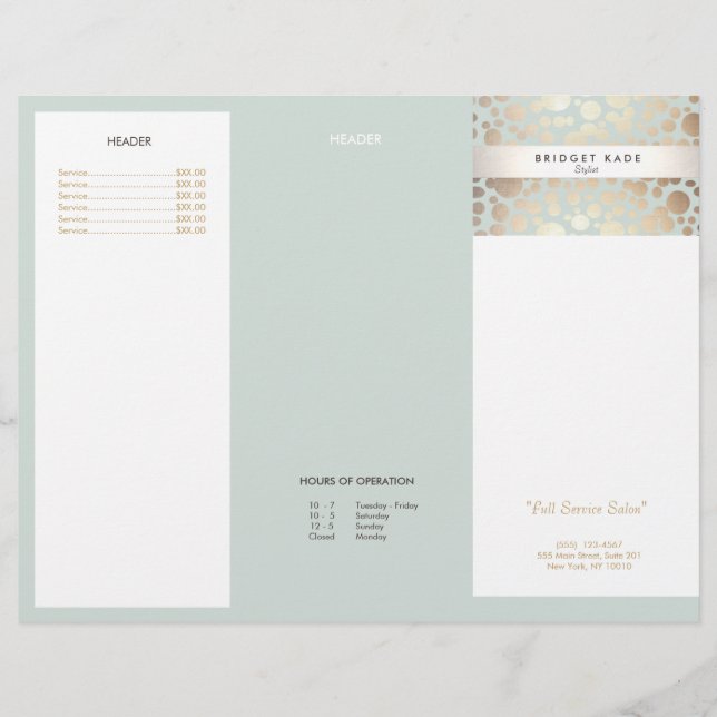 Beauty Salon Gold Light Blue Circle Menu Brochure (Front)