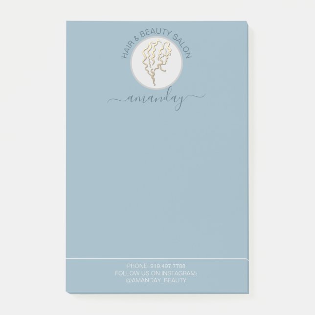Beauty Salon Golden Logo Hairdresser Blue Address Post-it Notes (Front)