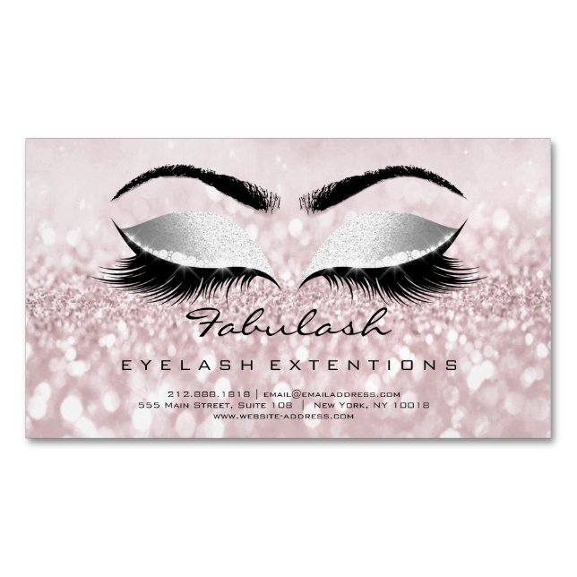 Beauty Salon Grey Pink Rose Adress Makeup Lashes Magnetic Business Card (Front)