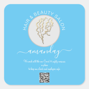 Beauty Salon Hair Covid Reopen Logo Hair QR Blue Square Sticker