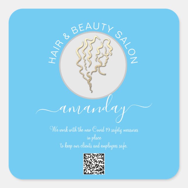 Beauty Salon Hair Covid Reopen Logo Hair QR Blue Square Sticker (Front)