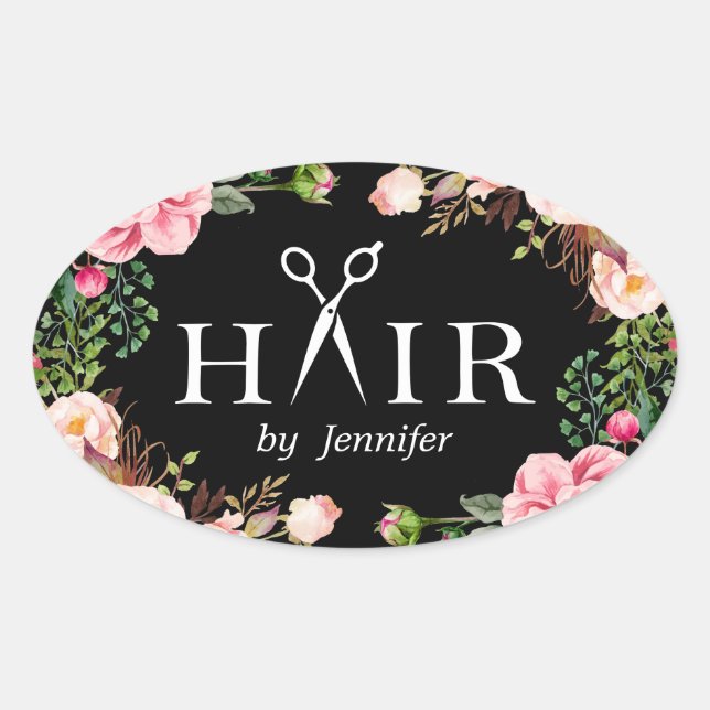 Beauty Salon Hair Cut Scissor Logo Elegant Floral Oval Sticker (Front)
