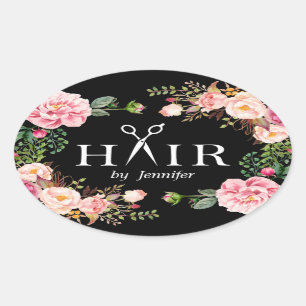 Beauty Salon Hair Cut Scissor Logo Elegant Floral Oval Sticker