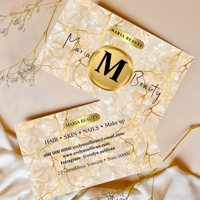 Beauty salon Hair Make Up Artist Brown gold marble Business Card (Creator Uploaded)