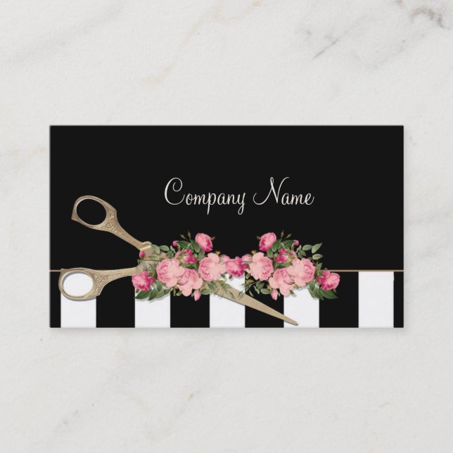Beauty Salon Hair Studio Roses Stripes Fashion Business Card (Front)