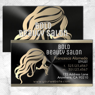 Beauty Salon Hair Stylist Brushed Black + Gold Business Card