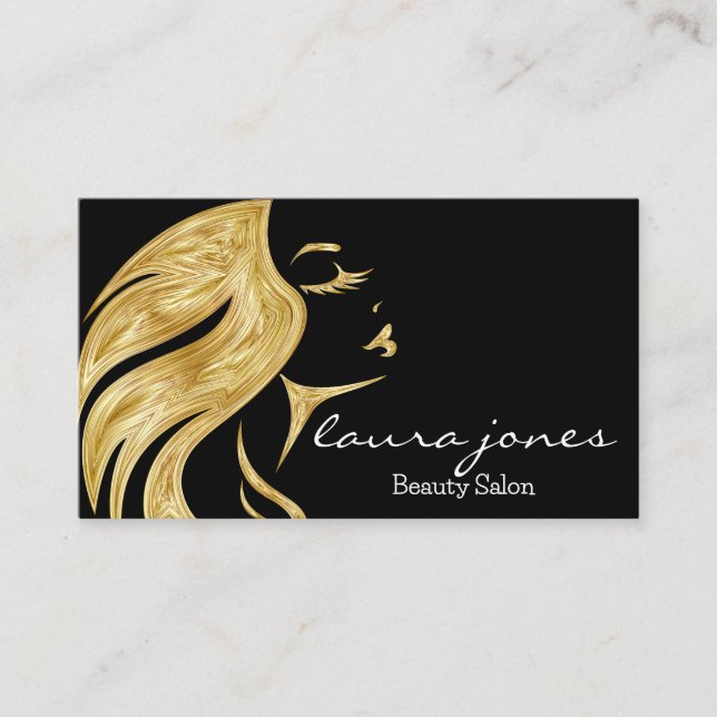 Beauty Salon Hair Stylist Brushed Black & Gold  Business Card (Front)