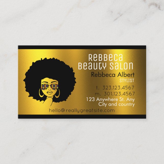 Beauty Salon Hair Stylist Brushed Black + Gold Business Card (Front)