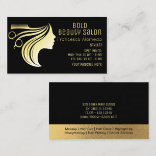 Beauty Salon Hair Stylist Metallic Gold + Black  Business Card