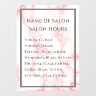 Beauty Salon Hours Faux Pink Marble Business Window Cling