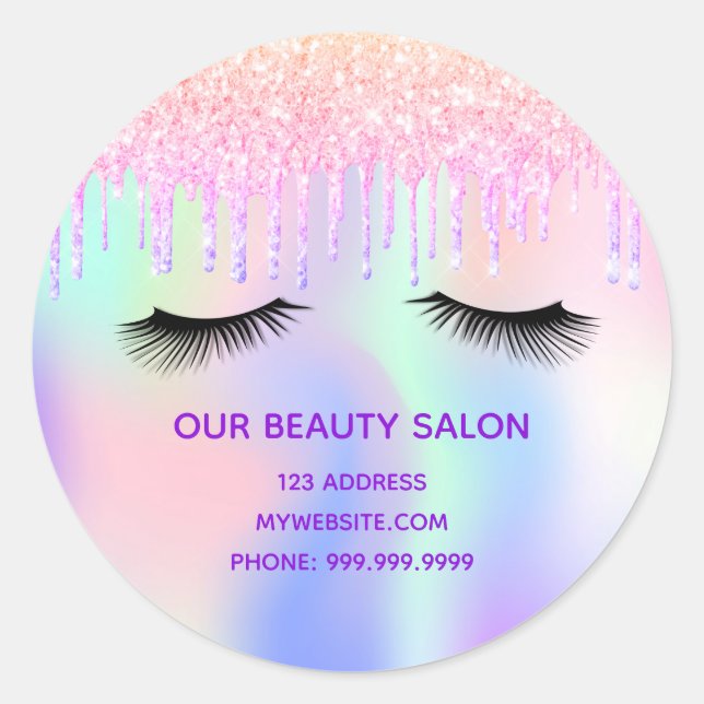 Beauty salon lashes holographic pink glitter classic round sticker (Front)