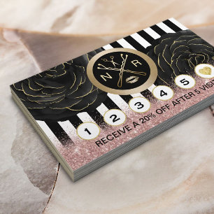 Beauty Salon Logo Black Floral Modern Stripes Loyalty Card