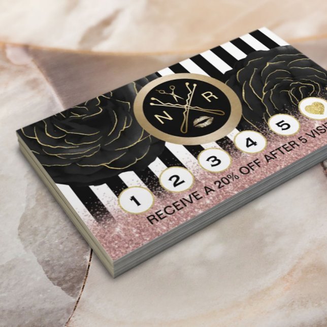 Beauty Salon Logo Black Floral Modern Stripes Loyalty Card (Creator Uploaded)