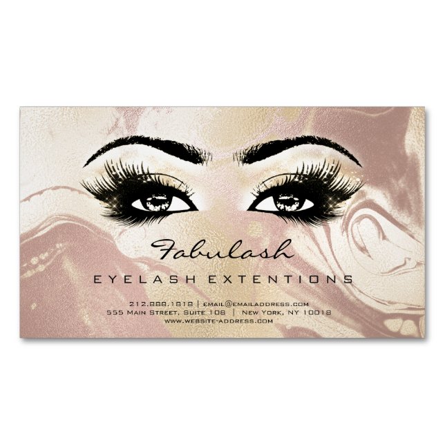 Beauty Salon Marble Rose Gold Adress Makeup Lashes Magnetic Business Card (Front)