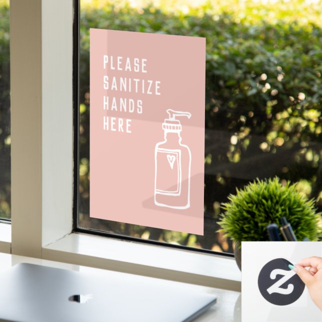 Beauty Salon Minimalist Pink Sanitise Hands Here Window Cling (Office)