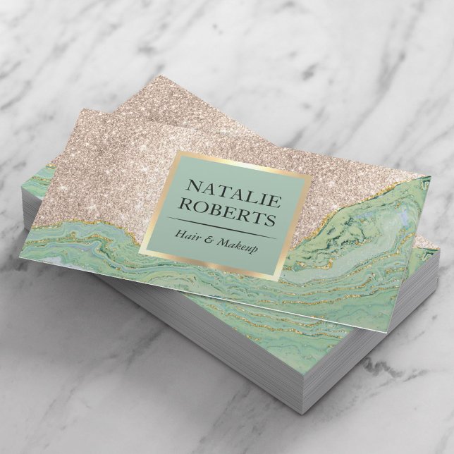 Beauty Salon Modern Gold Glitter Mint Agate Marble Business Card (Creator Uploaded)