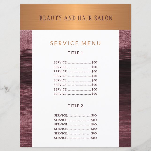 Beauty salon modern service menu promotional flyer (Front)