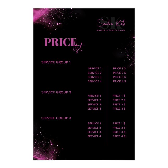 Beauty Salon MUA Hair Black Neon Pink Price List  Poster (Front)