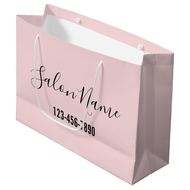 Beauty Salon Name Black Script Phone No. Pale Pink Large Gift Bag (Front Angled)