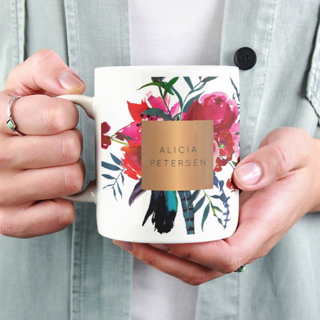 Beauty salon name glam copper watercolor flowers coffee mug (Creator Uploaded)